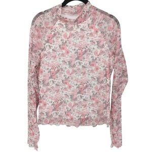 Y2K Mesh Top Womens Medium Pink Floral Sheer Mock Neck Long Sleeve Pastel Fairy‎